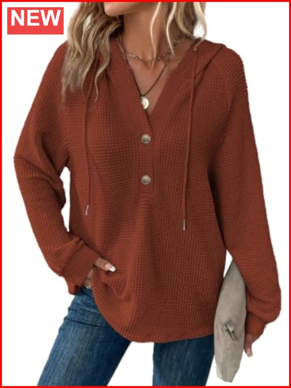 Women's Waffle Knit V Neck Hooded Sweatshirt Oversized Button Pullover
